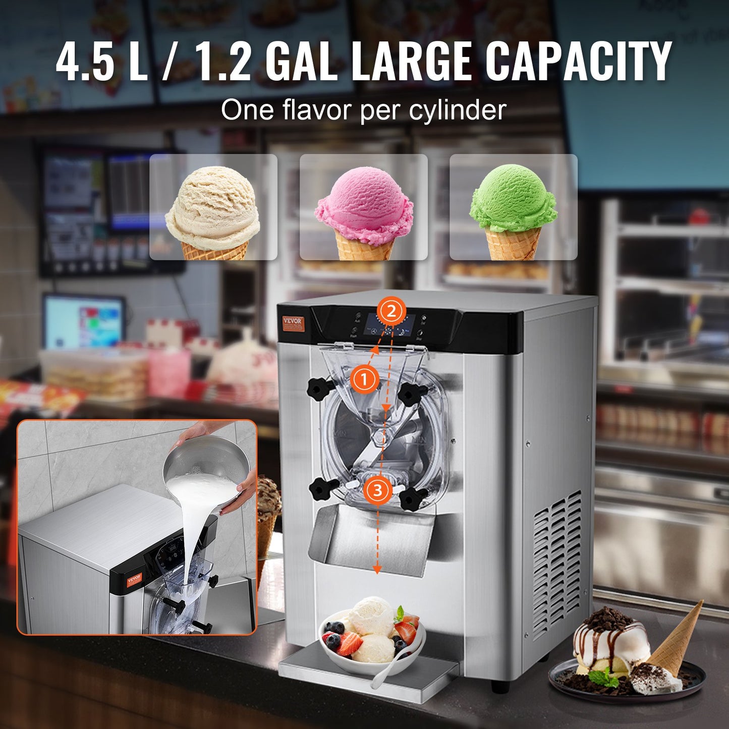 Kommerzielle Eismaschine für harte Portionen, 12 l/h, für einfachen Geschmack.