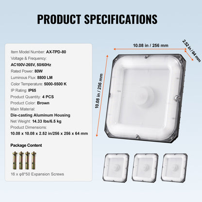 4-pack LED Canopy Lights 80W 8800LM 5000K Daylight Outdoor Canopy Lighting