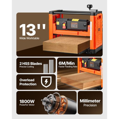 Tjocklekshyvel, tvåbladig, 330 mm bred arbetsbordshyvel, 1800W 23500 RPM kraftfull motor, dubbla rullar, överskydd, träbearbetning med en hastighet, för hårda och mjuka trämaterial |  EU