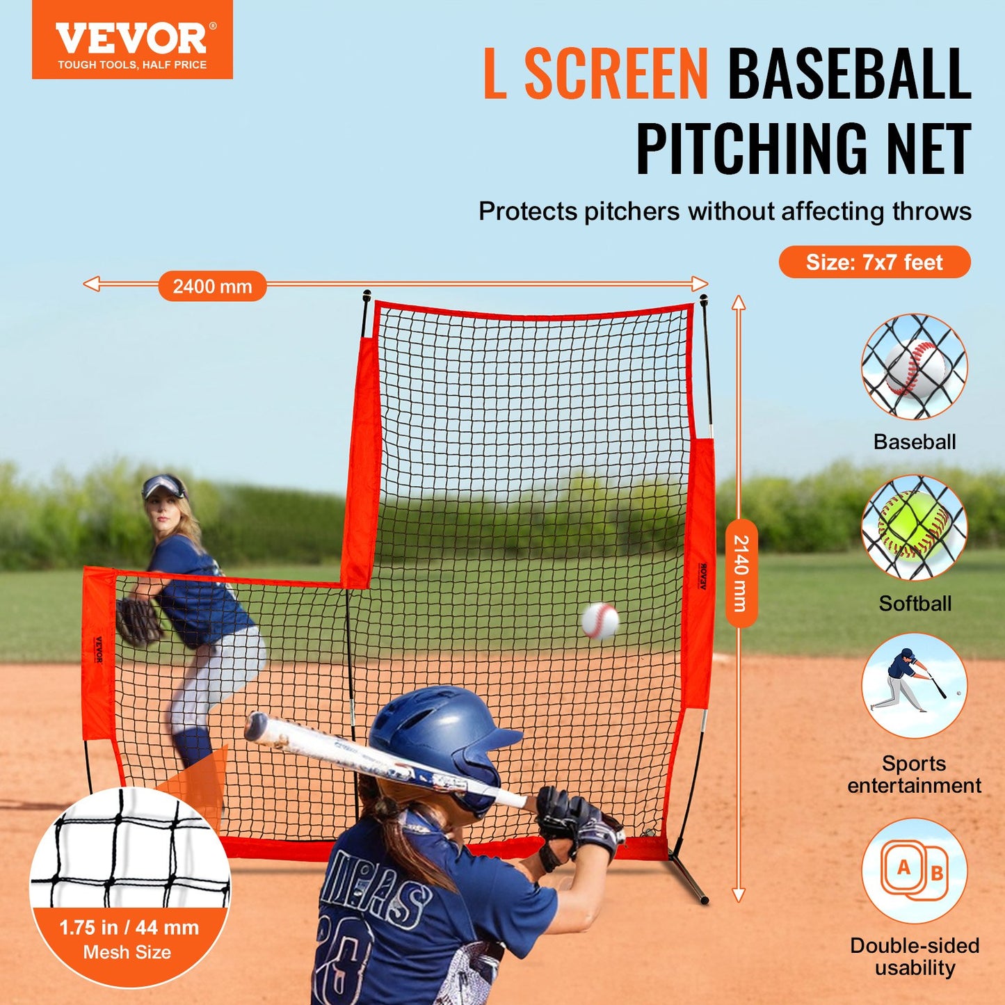 L Screen Baseball för Batting Cage, 7x7 ft Baseball & Softball Säkerhetsskärm, Body Protector Bärbar Batting Screen med bärväska och markinsatser, Baseball Pitching Net för Pitchers Protection