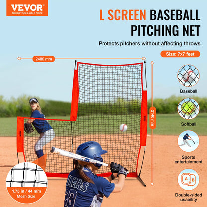L Screen Baseball för Batting Cage, 7x7 ft Baseball & Softball Säkerhetsskärm, Body Protector Bärbar Batting Screen med bärväska och markinsatser, Baseball Pitching Net för Pitchers Protection