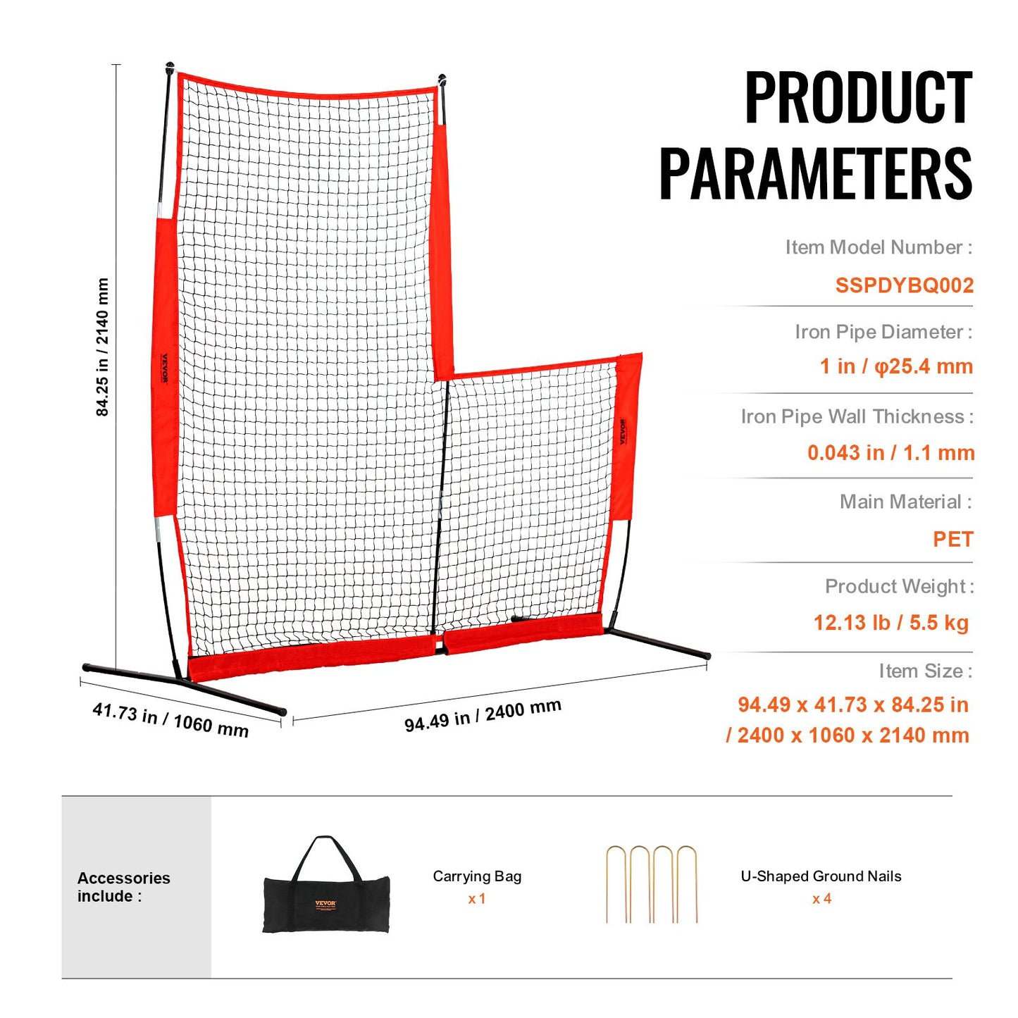 L Screen Baseball för Batting Cage, 7x7 ft Baseball & Softball Säkerhetsskärm, Body Protector Bärbar Batting Screen med bärväska och markinsatser, Baseball Pitching Net för Pitchers Protection