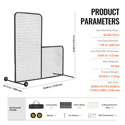 L Screen Baseball för Batting Cage, 7x7 ft Softball Säkerhetsskärm, Body Protector Bärbar Batting Screen med bärväska, Hjul, Ground Stakes, Heavy Duty Pitching Net för Pitchers Protection