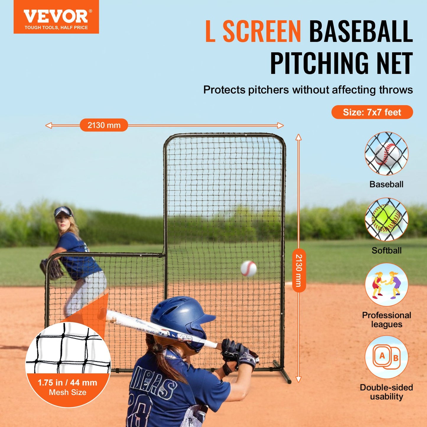 L Screen Baseball for Batting Cage, 7x7 ft Baseball Softball Safety Screen, Body Protector Portable Batting Screen with Carrying Bag and Ground Stakes, Heavy Duty Pitching Net for Pitchers Protection