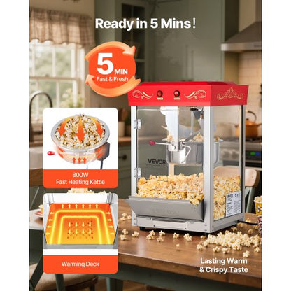 Popcornmaskin Bänkmonterad Popcorn Popper Maker 800W 0,2kg Vattenkokare Röd |  EU