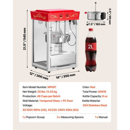 Popcornmaskin Bänkmonterad Popcorn Popper Maker 800W 0,2kg Vattenkokare Röd |  EU