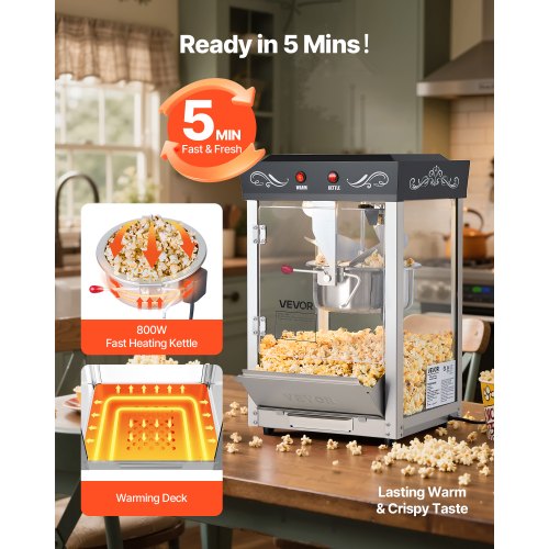 Popcorn Machine Countertop Popcorn Popper Maker 800W 0.2kg Kettle Black | EU