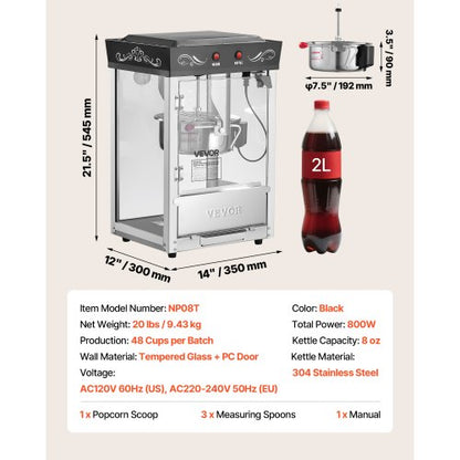 Popcorn Machine Countertop Popcorn Popper Maker 800W 0.2kg Kettle Black | EU