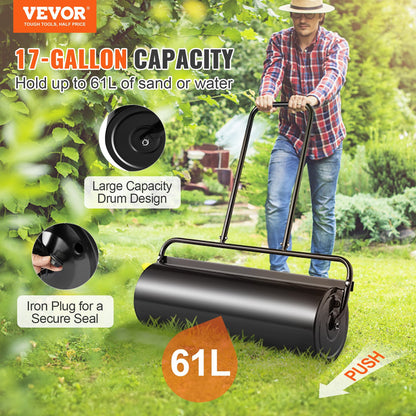 Lawn, 17 Gallon Sand/Water Filled Yard Roller, Steel Turf Roller with Easy-to-Turn Plug and U-Shaped Ergonomic Handle for Comfortable Push and Pull, for Lawn, Garden, Yard, Park, Black