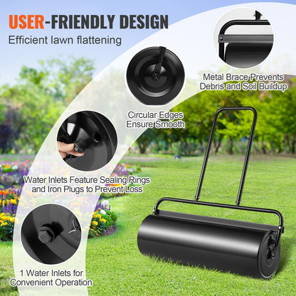 Lawn, 17 Gallon Sand/Water Filled Yard Roller, Steel Turf Roller with Easy-to-Turn Plug and U-Shaped Ergonomic Handle for Comfortable Push and Pull, for Lawn, Garden, Yard, Park, Black