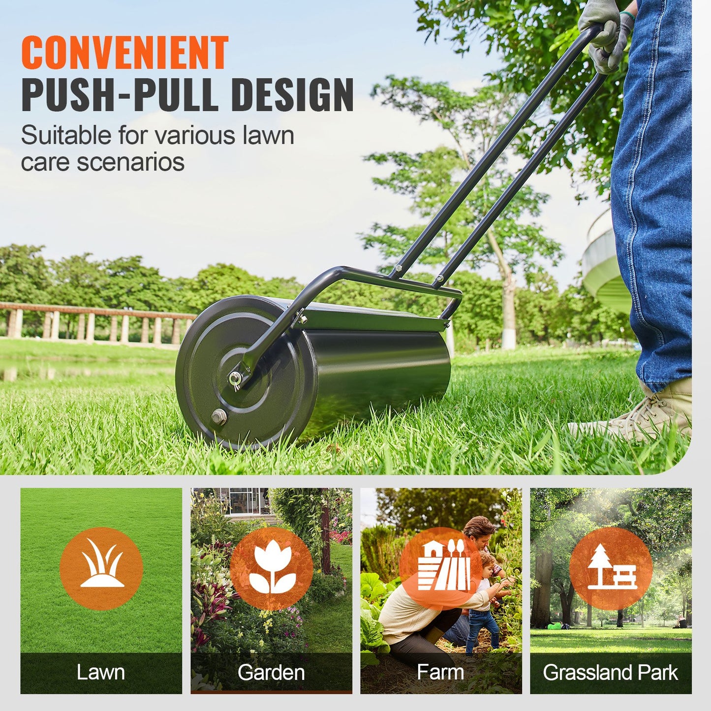 Lawn, 17 Gallon Sand/Water Filled Yard Roller, Steel Turf Roller with Easy-to-Turn Plug and U-Shaped Ergonomic Handle for Comfortable Push and Pull, for Lawn, Garden, Yard, Park, Black