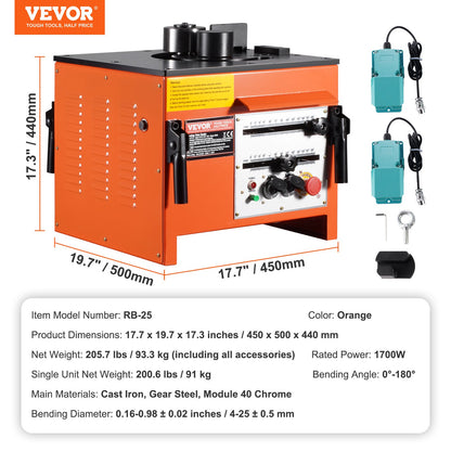 Benchtop elektrisk armeringsjärnsbockare 1700W 3 vinkel upp till 1 tum #8 (4-25 mm)
