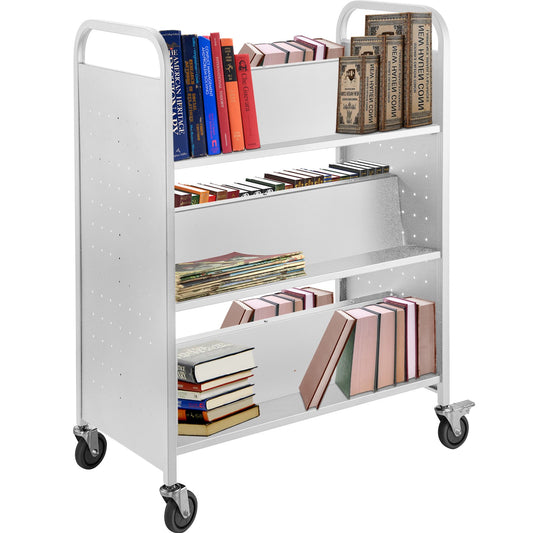 Bokvagn, 200 pund biblioteksvagn, 35x19x49 tums rullande bokvagn Dubbelsidiga W-formade lutande hyllor med 4-tums låsbara hjul, för hemhyllor kontors- och skolboklastbil i vitt