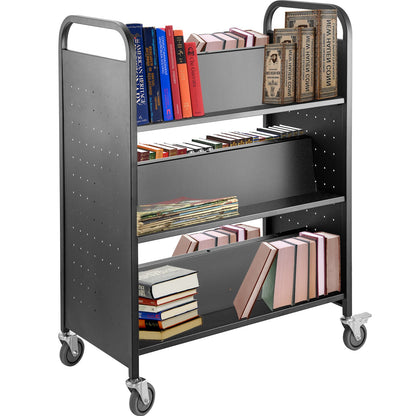 Book Cart Library Cart 200lb med dubbelsidiga W-formade sluttande hyllor Svart