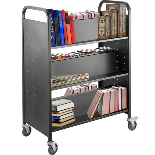 Book Cart Library Cart 200lb med dubbelsidiga W-formade sluttande hyllor Svart