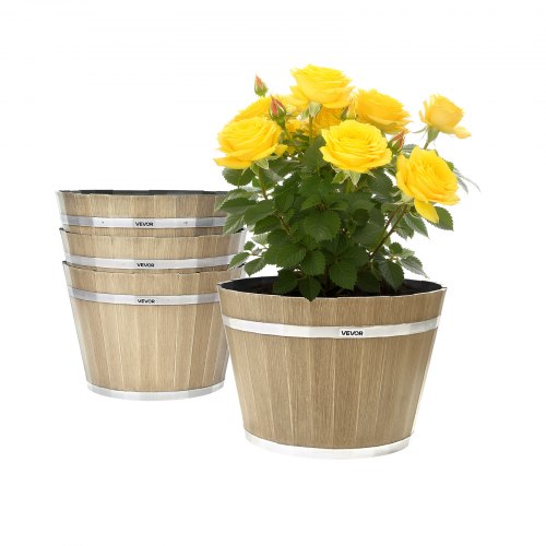 Växtkrukor, 4-pack 300 mm Whiskey Barrel Planters med dräneringshål, Stor Utvändig Plast Dekorativ Blomkruka Imitation Vinfat Design För Inomhus- och Utomhusträdgård Hemväxter, Brun |  EU