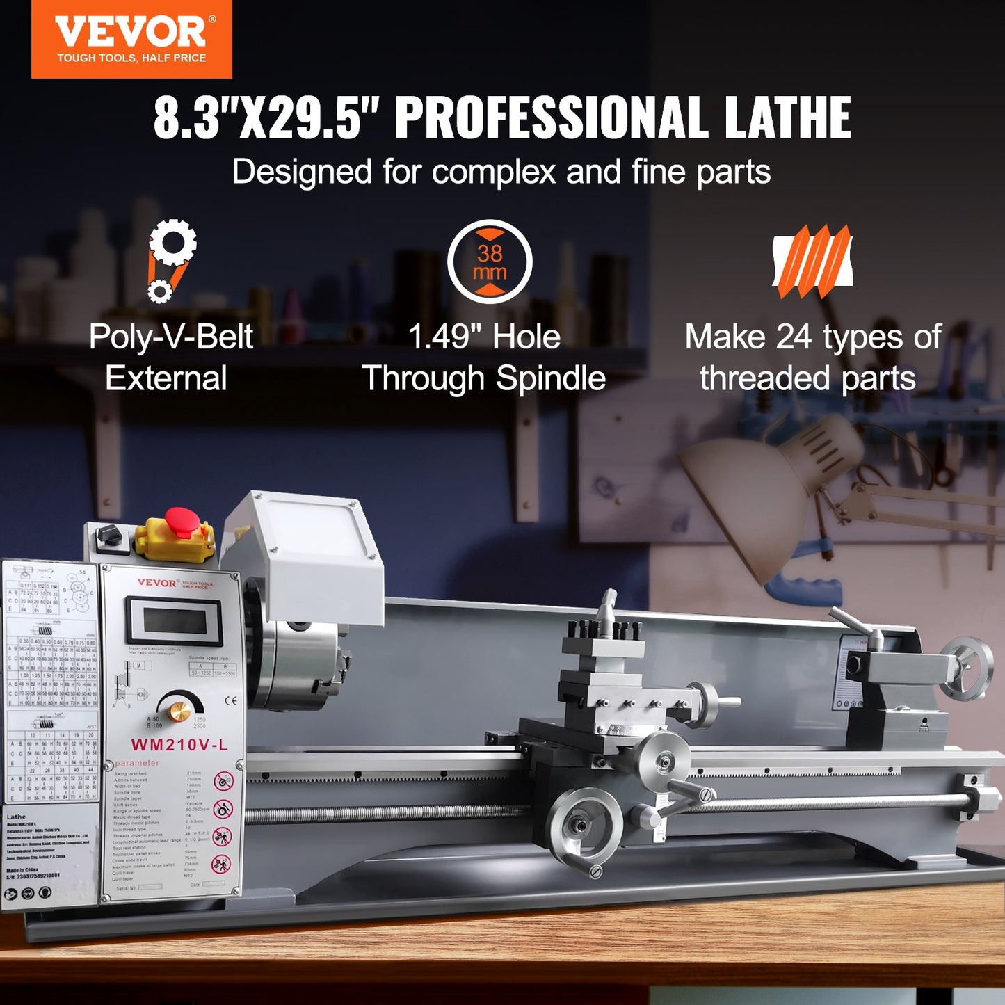 Metal Lathe Machine, 8.3 inch x 29.5 inch, Precision Bench Metal Lathe, 0-2500 rpm Continuously Variable Speed, 750W Brushless Motor Metal Gears, with Toolbox for Machining Precision Parts