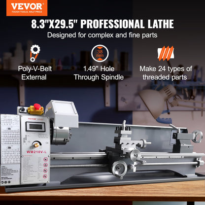 Metal Lathe Machine, 8.3 inch x 29.5 inch, Precision Bench Metal Lathe, 0-2500 rpm Continuously Variable Speed, 750W Brushless Motor Metal Gears, with Toolbox for Machining Precision Parts