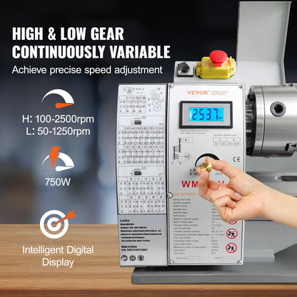 Metal Lathe Machine, 8.3 inch x 29.5 inch, Precision Bench Metal Lathe, 0-2500 rpm Continuously Variable Speed, 750W Brushless Motor Metal Gears, with Toolbox for Machining Precision Parts