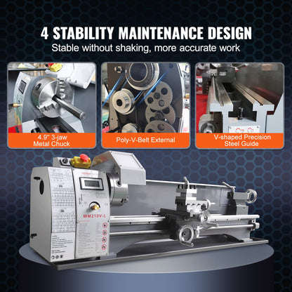 Metal Lathe Machine, 8.3 inch x 29.5 inch, Precision Bench Metal Lathe, 0-2500 rpm Continuously Variable Speed, 750W Brushless Motor Metal Gears, with Toolbox for Machining Precision Parts