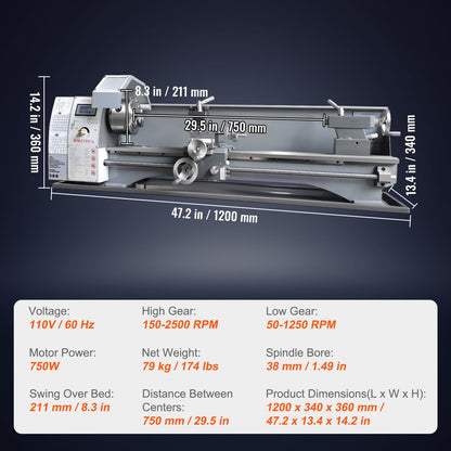 Metal Lathe Machine, 8.3 inch x 29.5 inch, Precision Bench Metal Lathe, 0-2500 rpm Continuously Variable Speed, 750W Brushless Motor Metal Gears, with Toolbox for Machining Precision Parts