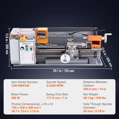 Metal Lathe, 7'' x 13.78'', Precision Benchtop Power Metal Lathe, 0-2200 rpm Continuously Variable Speed, 500W Brush Motor Metal Gears, with Toolbox for Machining Precision Parts