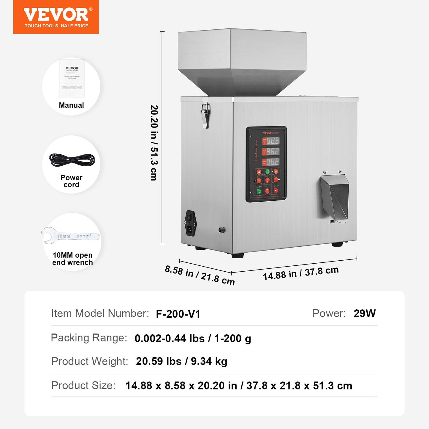 Pulverpåfyllningsmaskin, 0,002-0,44lbs/1-200 g, automatisk intelligent partikelvägningsmaskin, flaskpåse Pulverfyllningspartikeldispenser för tefrön Kornpulver Mjölbönor Glitter