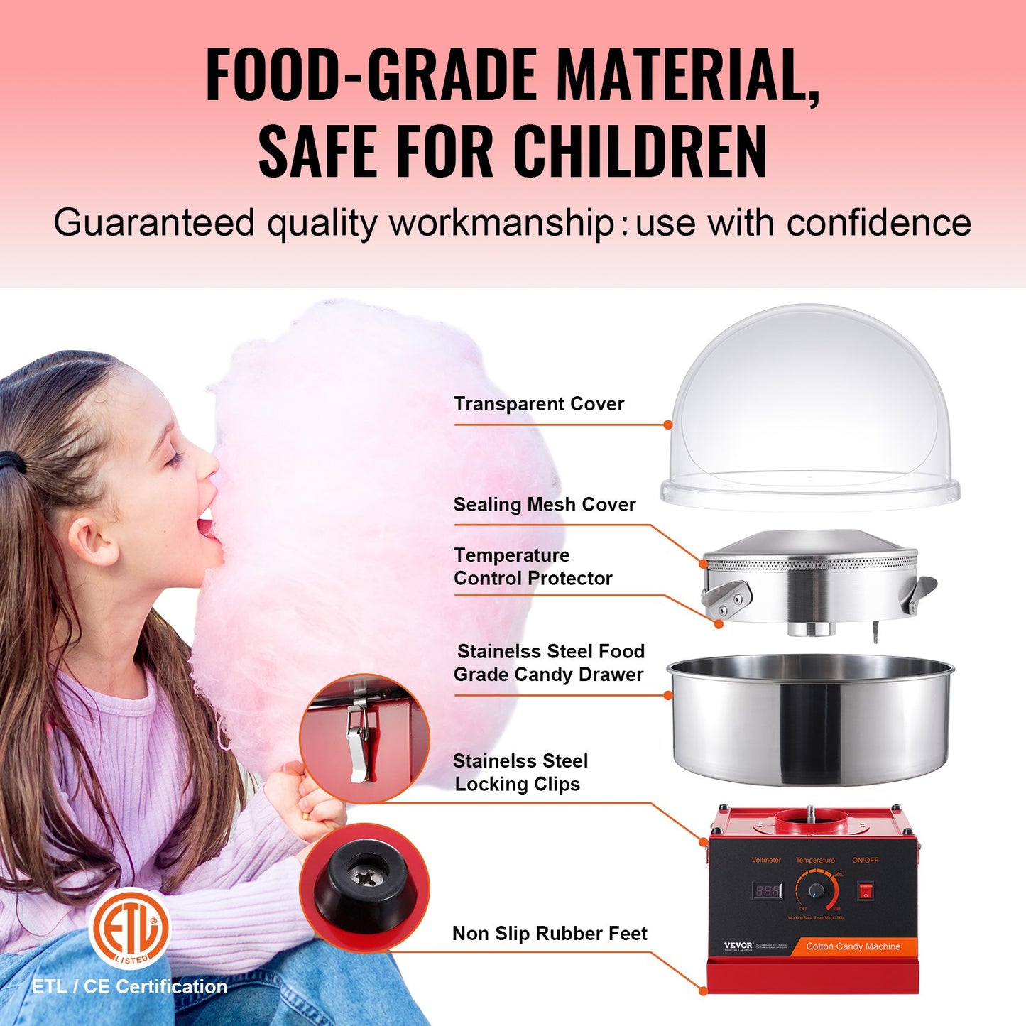 Elektrische Zuckerwattemaschine, 1000 W Zuckerwattemaschine, kommerzielle Zuckerwattemaschine mit Deckel, Edelstahlschüssel und Zuckerschaufel, perfekt für den Kindergeburtstag zu Hause, Familienfeier (rot)