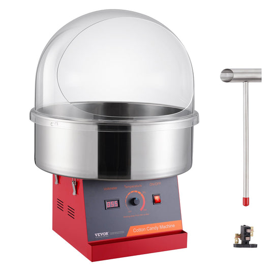 Elektrisk sockervaddsmaskin, 1000 W Candy Floss Maker, kommersiell sockervaddsmaskin med lock, skål i rostfritt stål och sockerskopa, perfekt för hemmabarns födelsedag, familjefest (röd)