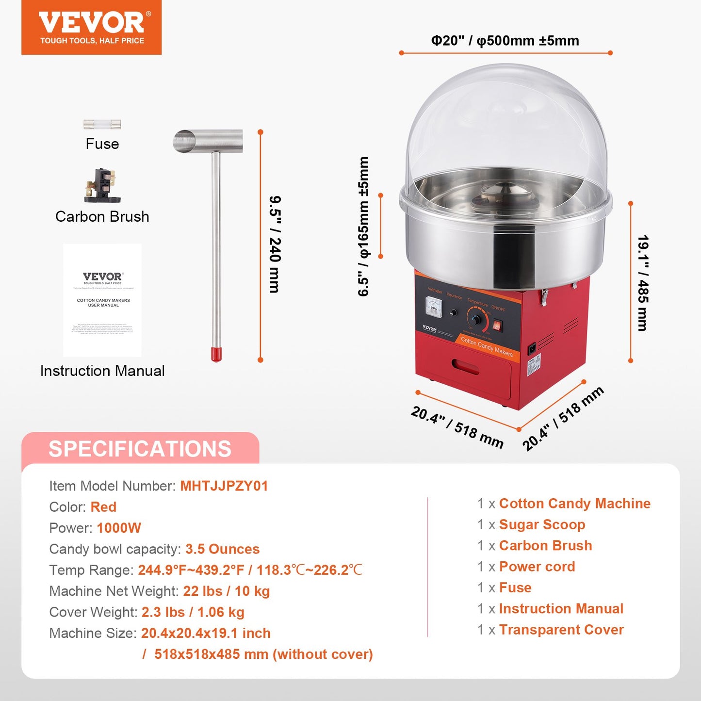 Electric Cotton Candy Maker, 1000W Candy Machine, Commercial Cotton Candy Maker with Lid, Stainless Steel Bowl, Sugar Scoop, Box, Perfect for Home Children's Birthday, Family Party, Red