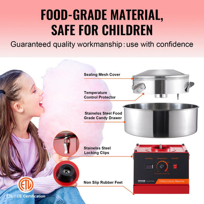 Electric Cotton Candy Machine, 1000W Candy Floss Maker, Commercial Cotton Candy Machine with Stainless Steel Bowl and Sugar Scoop, Perfect for Home Children's Birthday, Family Party (Red)