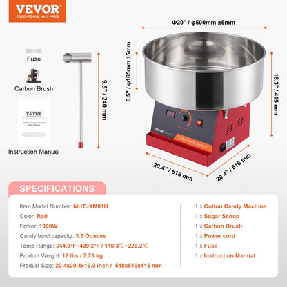 Electric Cotton Candy Machine, 1000W Candy Floss Maker, Commercial Cotton Candy Machine with Stainless Steel Bowl and Sugar Scoop, Perfect for Home Children's Birthday, Family Party (Red)