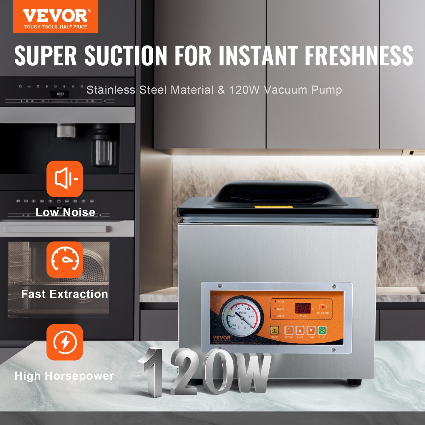 Chamber Vacuum Sealer, 260 W tätningseffekt, vakuumförpackningsmaskin för våtfoder, kött, marinader och mer, kompakt storlek med 10,2" tätningslängd, applicerad i hemköket och kommersiellt bruk