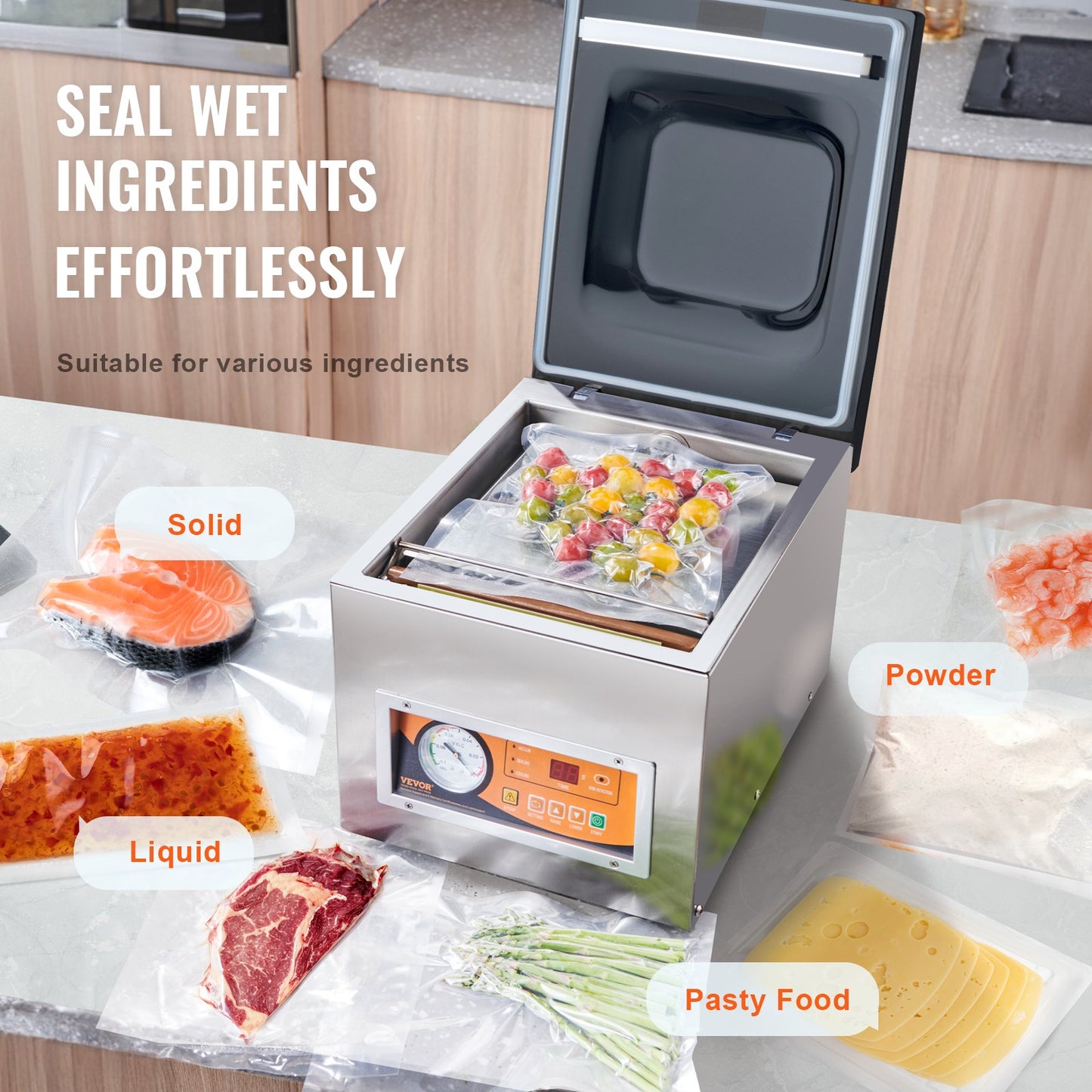 Chamber Vacuum Sealer, 260 W tätningseffekt, vakuumförpackningsmaskin för våtfoder, kött, marinader och mer, kompakt storlek med 10,2" tätningslängd, applicerad i hemköket och kommersiellt bruk