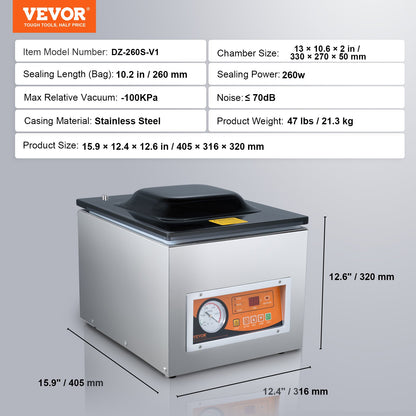 Chamber Vacuum Sealer, 260 W tätningseffekt, vakuumförpackningsmaskin för våtfoder, kött, marinader och mer, kompakt storlek med 10,2" tätningslängd, applicerad i hemköket och kommersiellt bruk