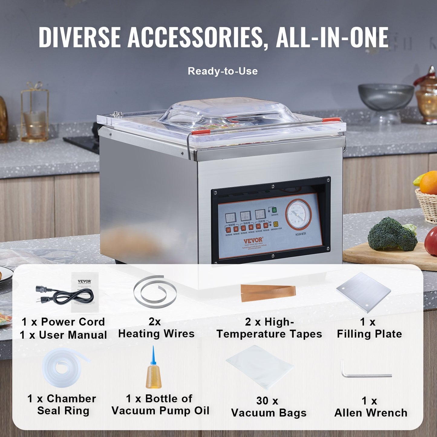 Chamber Vacuum Sealer, 320 W tätningseffekt, vakuumförpackningsmaskin för våtfoder, kött, marinader och mer, kompakt storlek med 12,6" tätningslängd, applicerad i hemköket och kommersiellt bruk