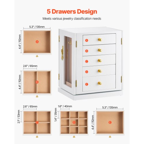 Jewelry Box 360° Rotating Jewelry Storage with 5 Spacious Drawers White