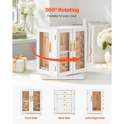 Jewelry Box 360° Rotating Jewelry Storage with 5 Spacious Drawers White