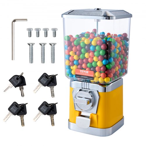 Gumball Machine for Kids, 17"H Home Candy Vending Machine, PC Gumball Dispenser, Bubble Gum Machine for Game Stores, Coin Operated Gumball Bank for Toy Capsules Bouncy Balls Candy, Yellow