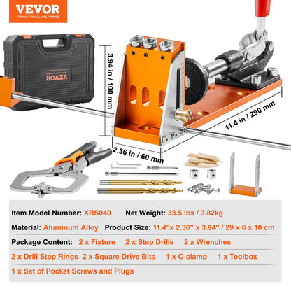 Pocket Hole Jig Kit, 34 st Pocket Hole Jig System med 11" C-klämma, fixtur, stegborrar, skiftnycklar, borrstoppringar, fyrkantiga drivbits, verktygslåda, för DIY snickeriprojekt, justerbar