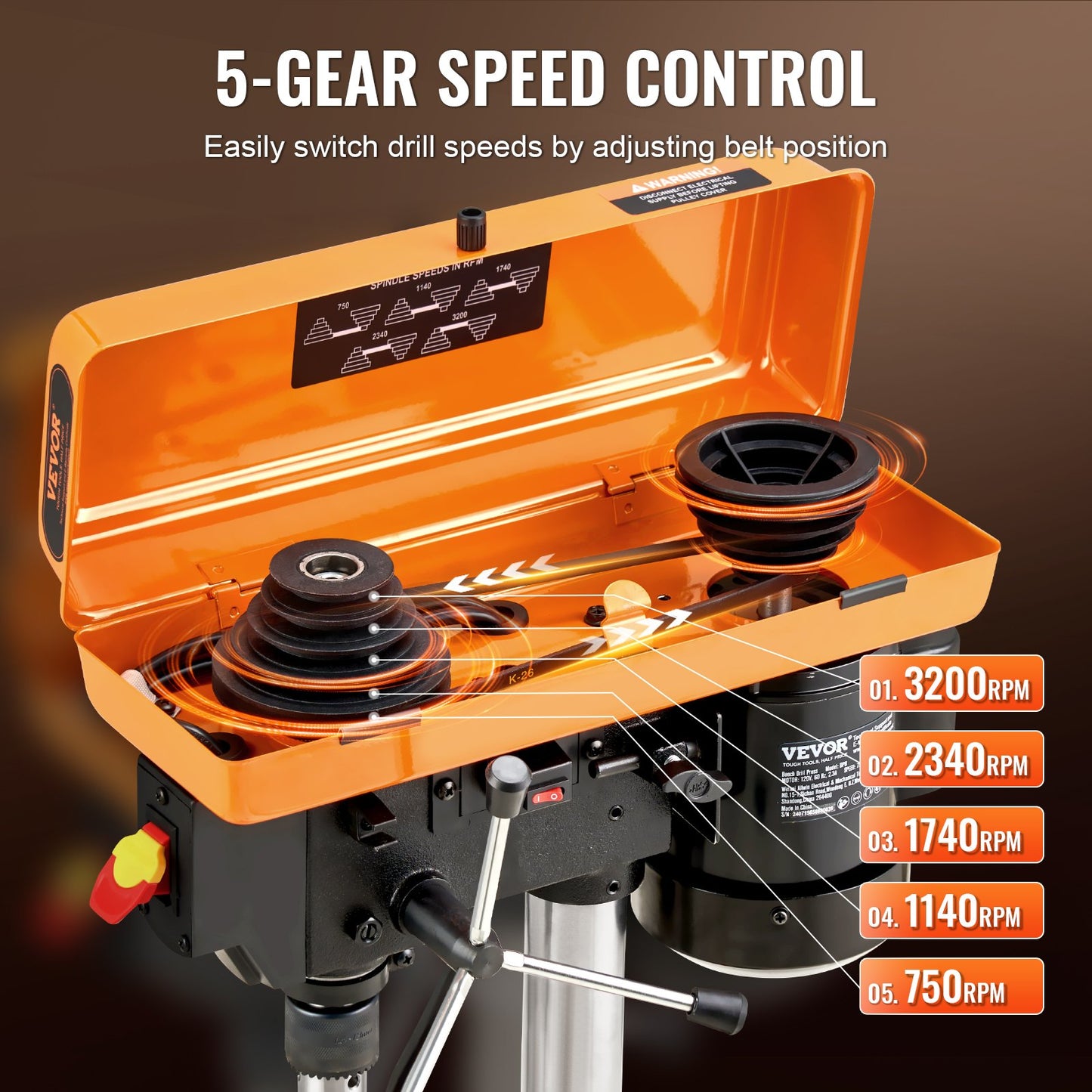 Bench Drill Press 203.2 mm 8-inch, 2.3A Induction Motor, 500W Maximum Power, Bench Drill Machine with 550/950/1450/1950/2500 RPM Variable 5-Speed Control, 0-45° Tilting Worktable