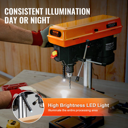 Bench Drill Press 203.2 mm 8-inch, 2.3A Induction Motor, 500W Maximum Power, Bench Drill Machine with 550/950/1450/1950/2500 RPM Variable 5-Speed Control, 0-45° Tilting Worktable