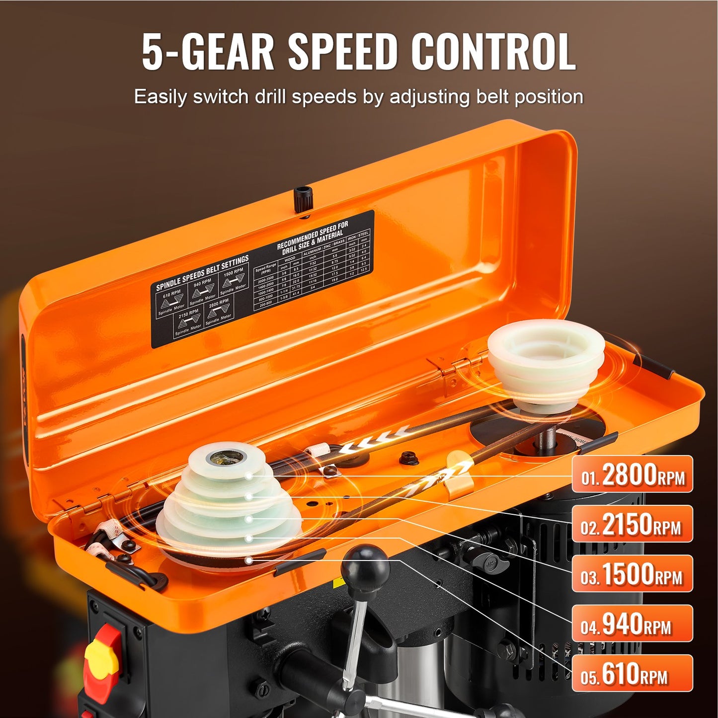 Bänkborrmaskin 254mm 10-tums, 6,2A induktionsmotor, 550W maximal effekt, Bänkborrmaskin med 510/780/1300/1820/2430 RPM Variabel 5-hastighetskontroll, 0-45° tiltbart arbetsbord