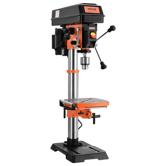 750W bänkborrpress, 440-2580 varv/min. Borrpress med kontinuerligt variabel hastighetsjustering med 0-45° tiltbart arbetsbord, 12 tum sväng, röntgenpositionering