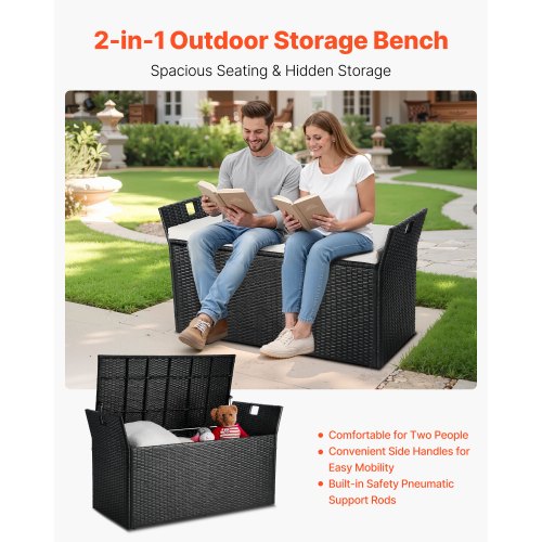 Outdoor Storage Bench PE Rattan 90 Gallon Deck Box Waterproof Outdoor Chair
