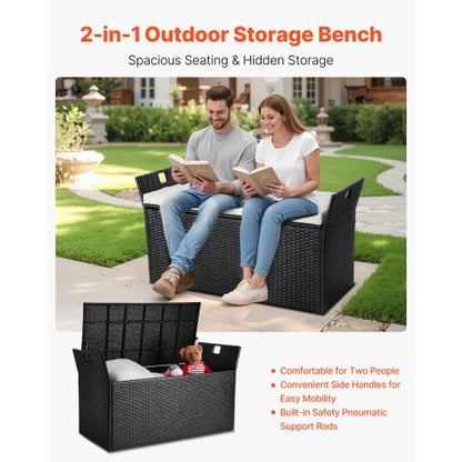 Outdoor Storage Bench PE Rattan 90 Gallon Deck Box Waterproof Outdoor Chair