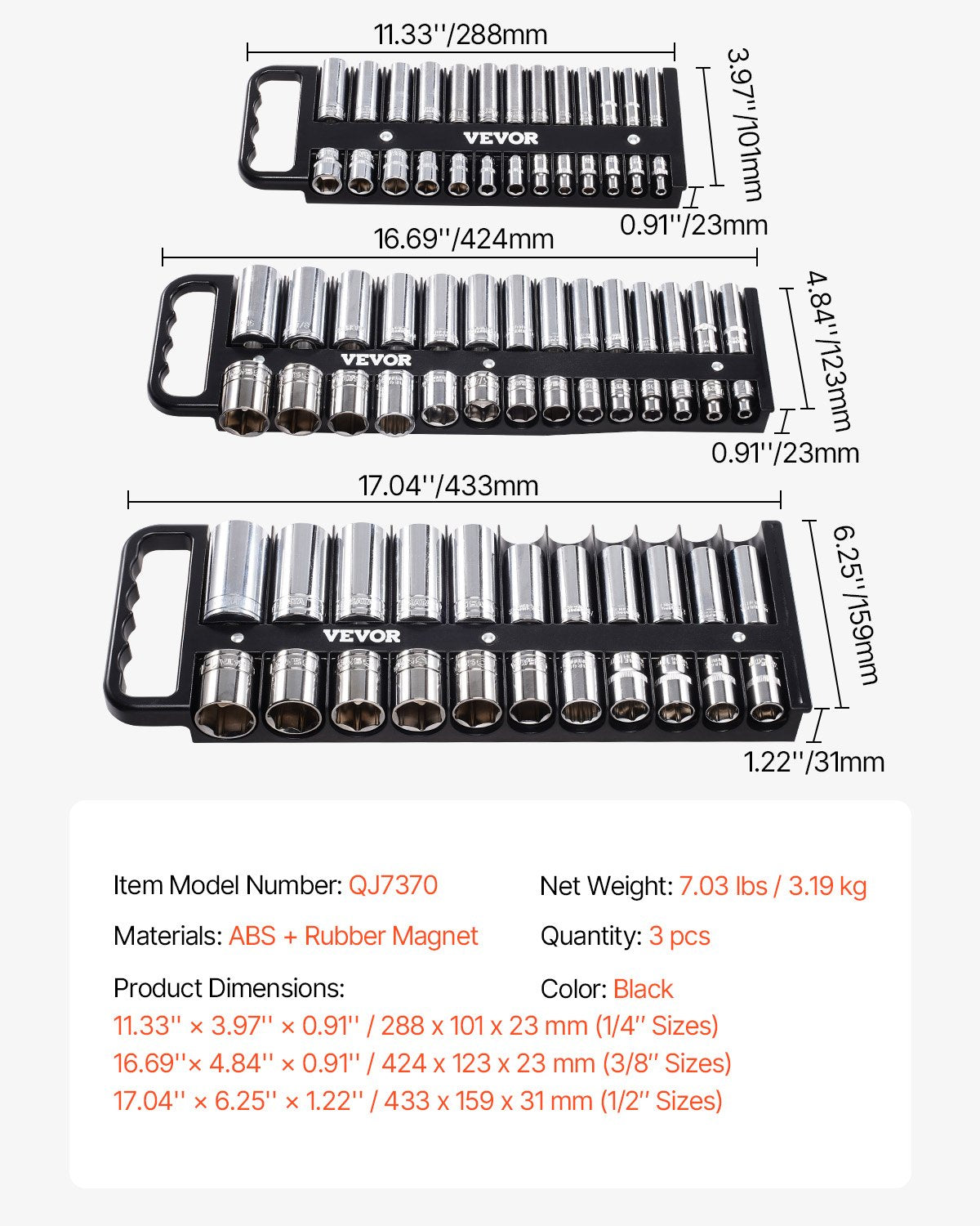 Portable Socket Organizer Set 3PCS 76-Clip Magnetic Socket Tray Metric/SAE