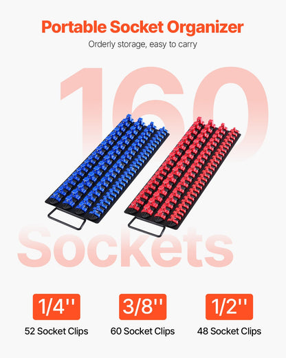 Portable Socket Organizer Set 2PCS 160 Clips Steel Socket Tray Metric/SAE