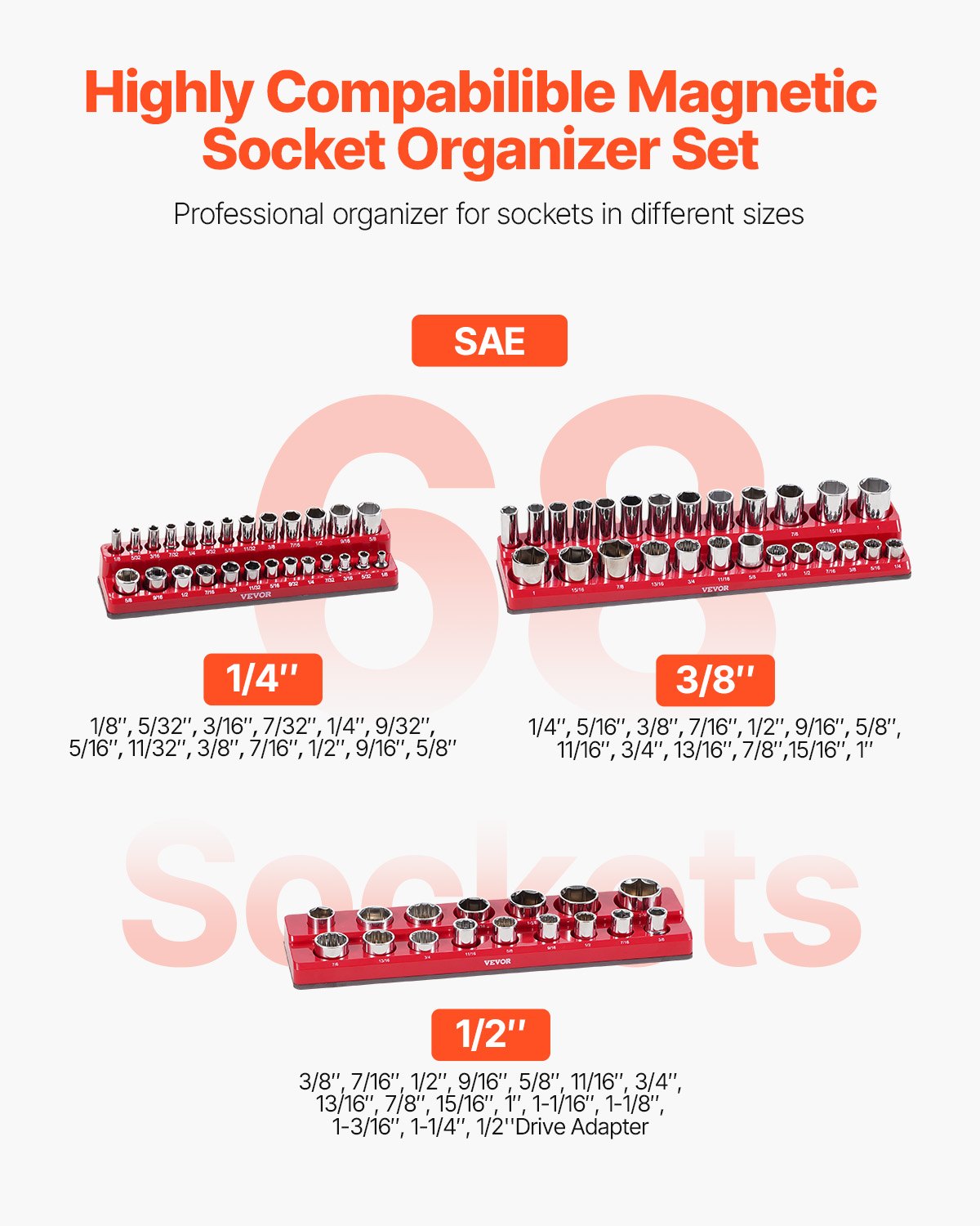 Magnetic Socket Organizer Set 3PCS Magnetic Socket Washers Red for SAE