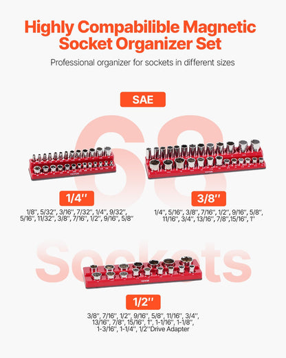 Magnetic Socket Organizer Set 3PCS Magnetic Socket Washers Red for SAE